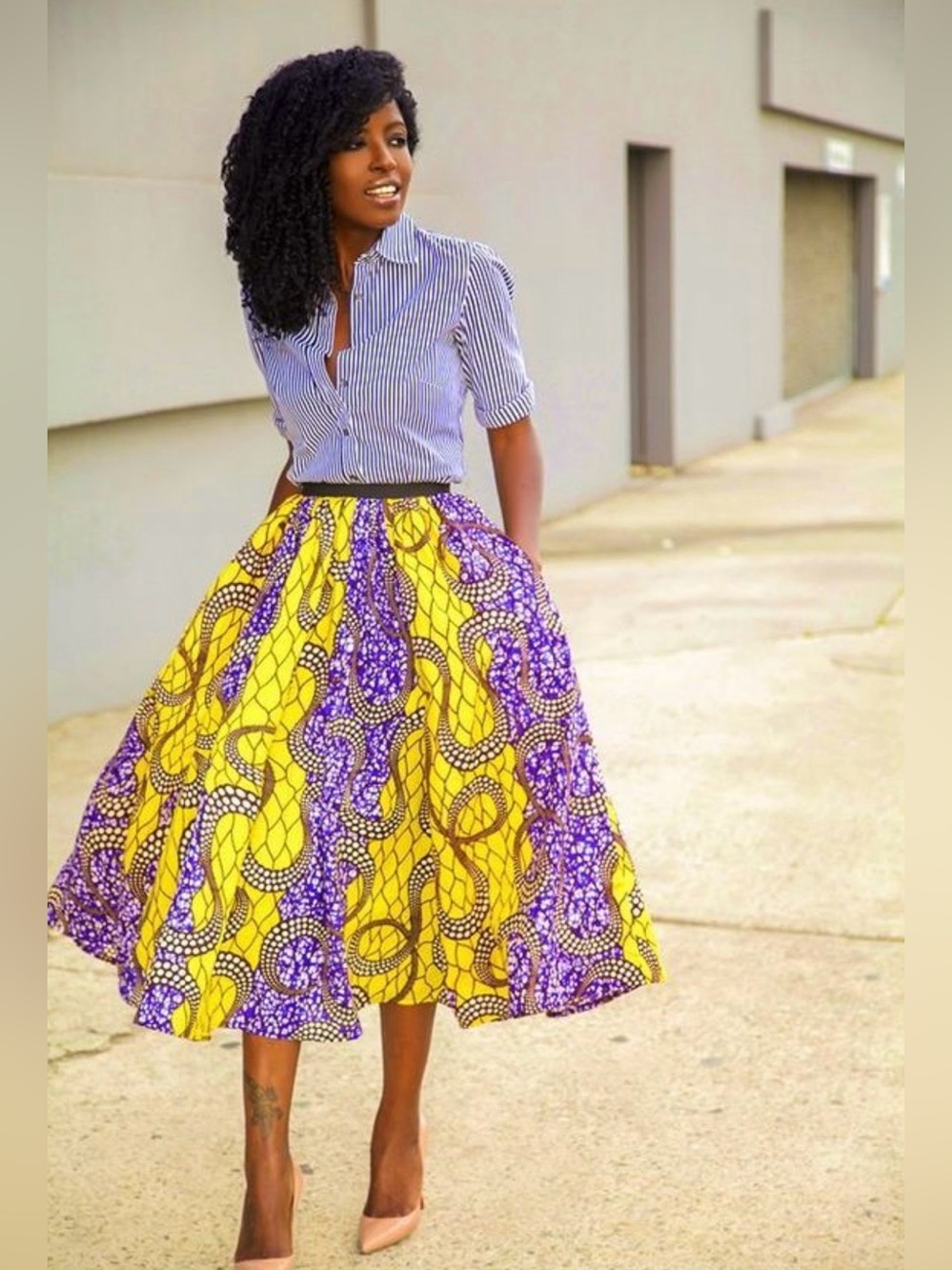 Yellow & Purple Ankara Print Maxi Midi Skirt - Elastic Waist - African Inspired